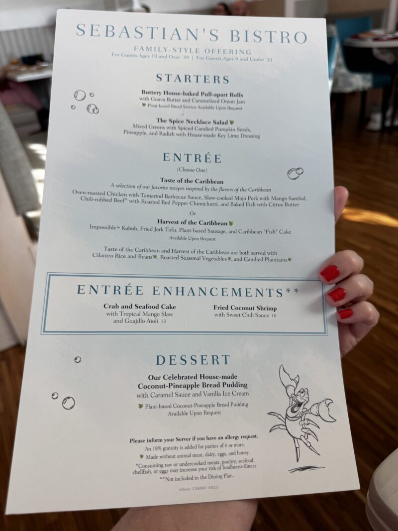 Disney's Sebastian's bistro food menu - Travel with Carie